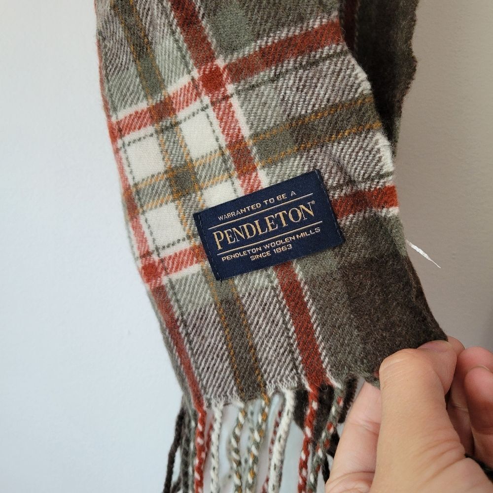 Pendleton Multicolor Plaid Wool Scarf Fringe Gree… - image 3